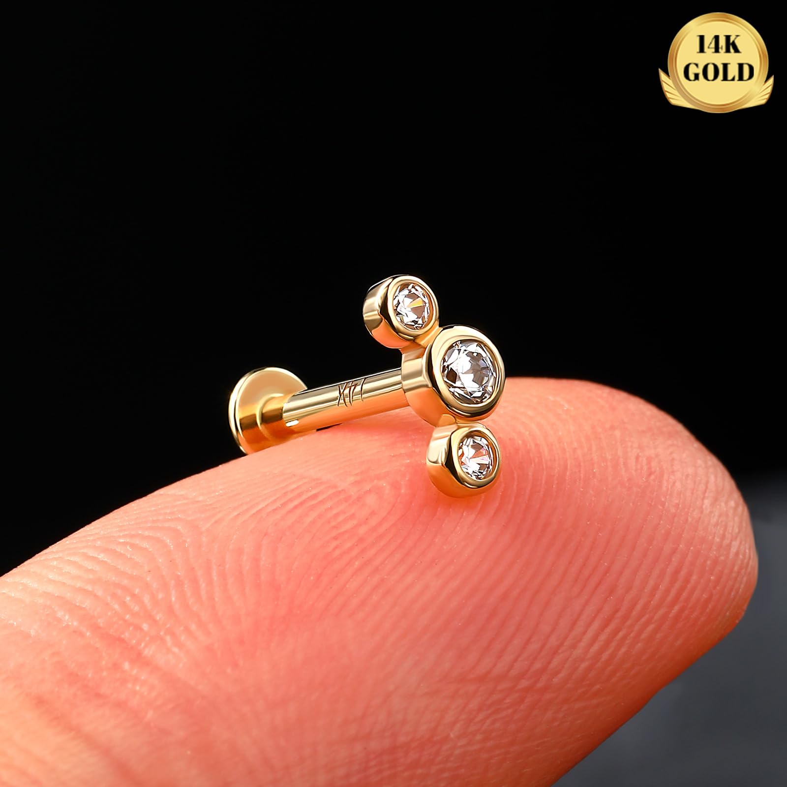 Melighting Pendientes de hélice de oro macizo de 14 quilates curvados para cartílago con rosca interna, aretes de tuerca plana de 16 g, circonita cúbica para tragus, joyería