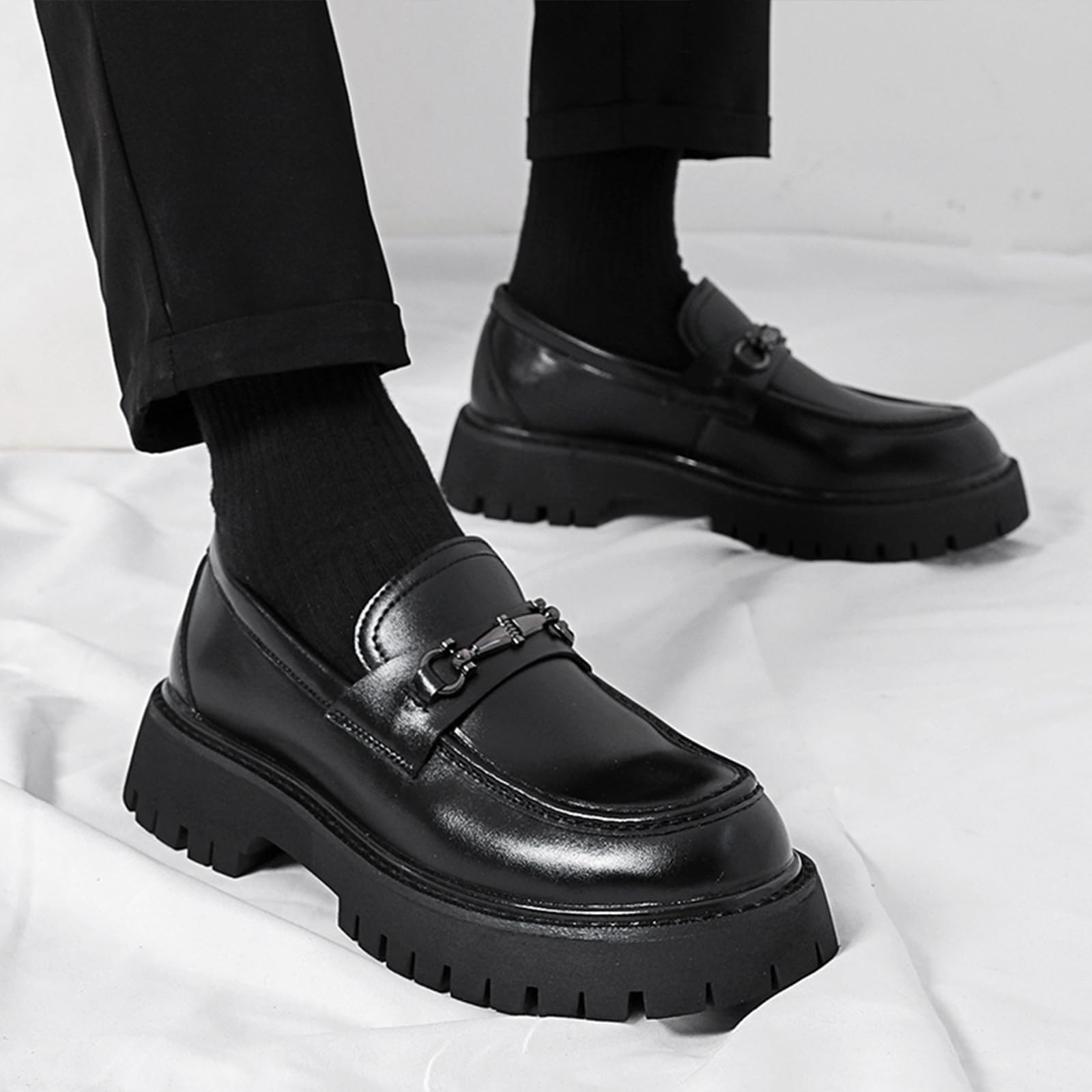Mocassins à Plateforme en Cuir Verni for Hommes, Chaussures habillées Confortables à Semelle antidérapante, Mocassins à Mors et Bout Rond