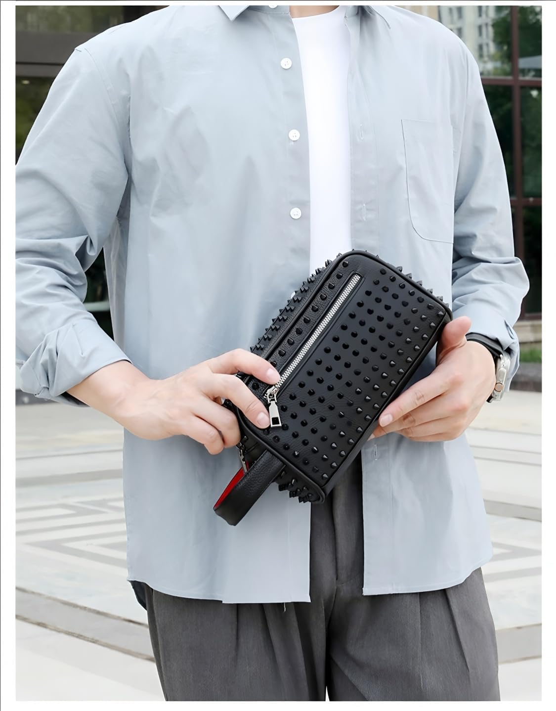 Men's Studded Faux Leather Waist Pack, Material with Metal Spikes, Fashion Crossbody Bag with Zipper (black and red color scheme)