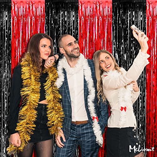 Image of 4 Pack 3.2Ft x 9.8Ft Black Red Fringe Curtain Backdrop, Metallic Tinsel Foil Fringe Streamers Curtains Background for Photo Booth Wedding Casino Viva Las Vegas Game Night Birthday Party Decorations