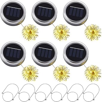 Pack of 6 Solar Lights Replacement Parts Mason Jar Lantern Lid Solar Mason Jar Light Solar Lights for Outdoor Hanging with 30 LED Bulbs & Hangers Mason Jar Lid Light for Garden Tree [Energy Class A]