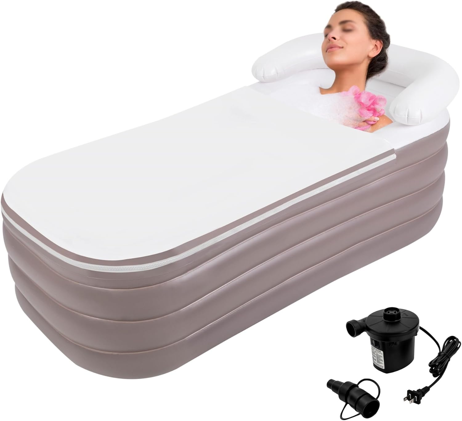 Inflatable Bathtub Adults, Portable Ice Bath Tub for Athletes, Outdoor & Indoor Freestanding Foldable Bathtub with Electric Air Pump and Cup Holder (Brown)