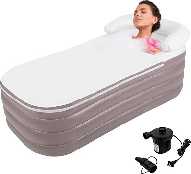 Inflatable Bathtub Adults, Portable Ice Bath Tub for Athletes, Outdoor & Indoor Freestanding Foldable Bathtub with Electric Air Pump and Cup Holder Brown