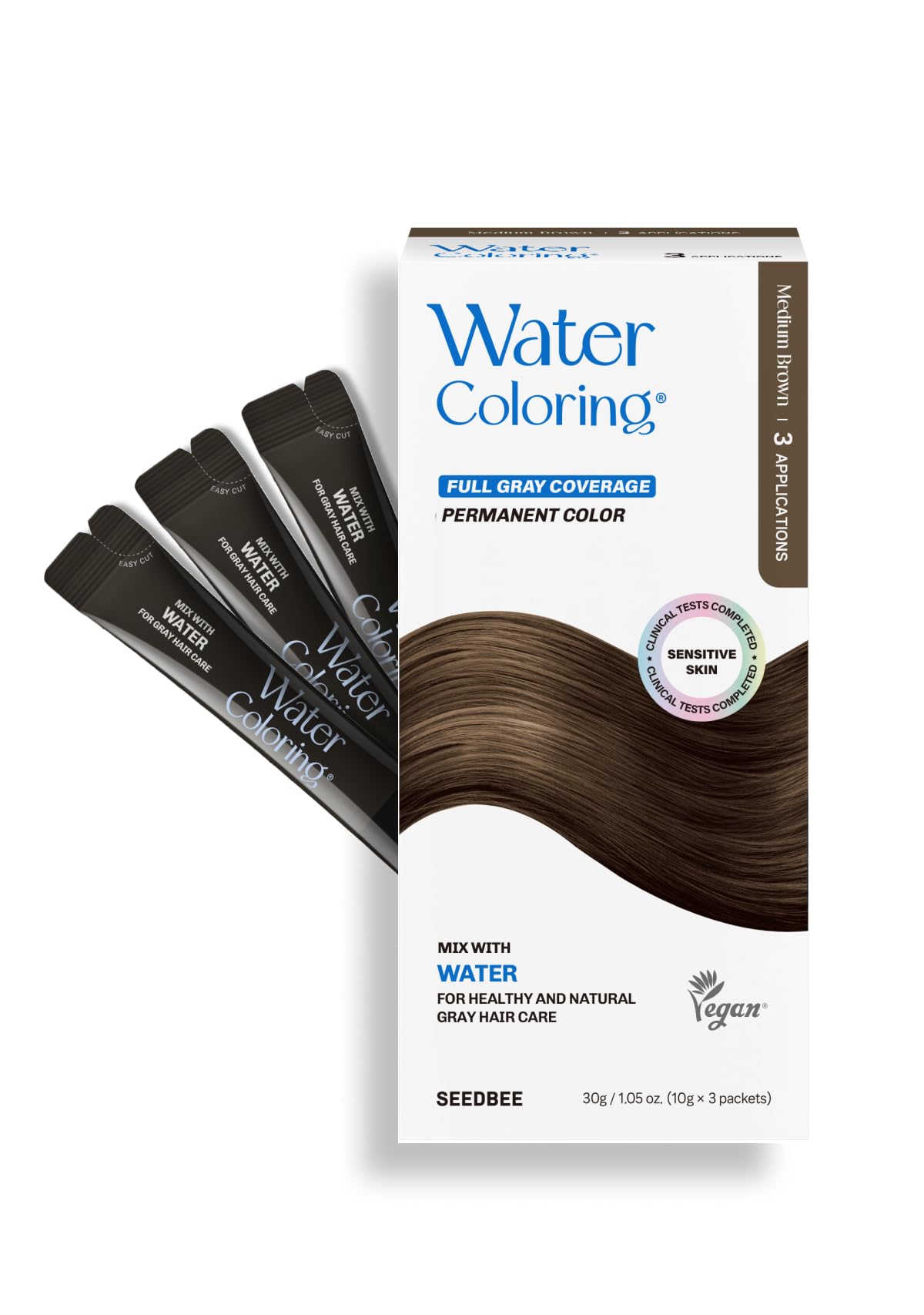 Korean Permanent Hair Dye, Powder Hair Color Kit, Medium Brown, Gray Hair Coverage, Plant-Based Formula, Easy Application for Roots, Short & Long Hair, Vegan, Just Mix with Water (3 Powder Packets)