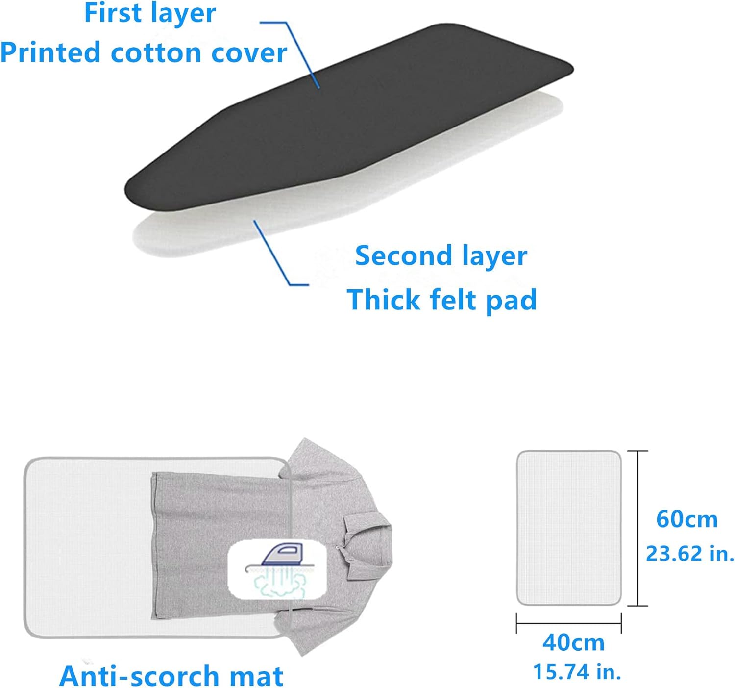 Easy to Install Ironing Board Cover, Extra Thick 2-Ply Design with Scorch Resistant Pads and Elastic Fasteners, Replacement Ironing Board Cover, Extra Large (61.8x22.8 Inches)