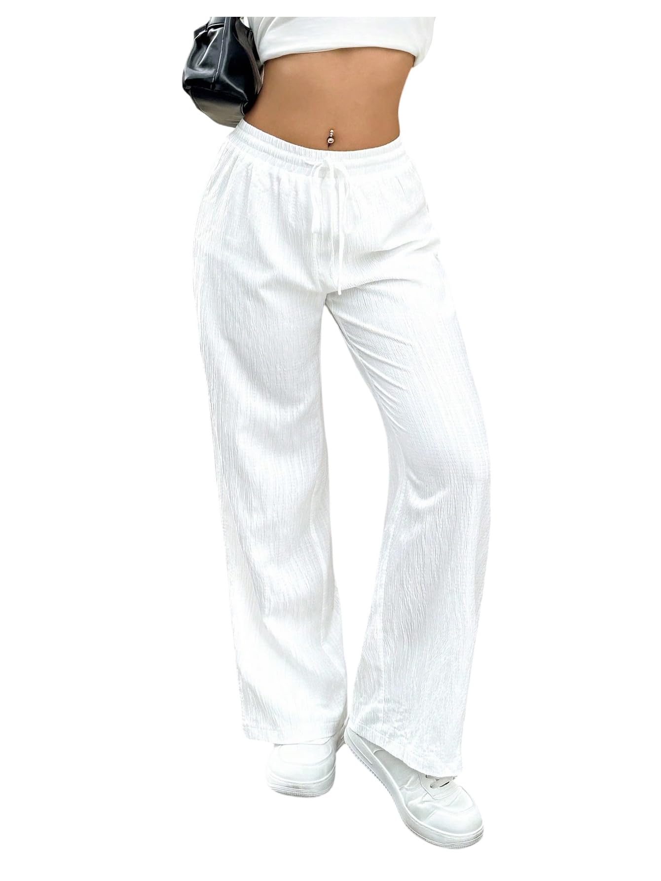 SOLY HUX Womens Drawstring Waist Straight Leg Loose Casual Palazzo Linen Pants Trousers