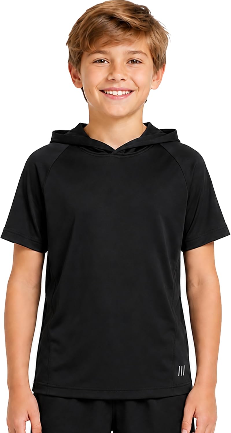 Boys Short Sleeve Hoodie Youth Cool Dry Athletic Hooded T Shirt