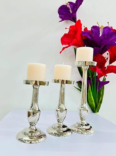 Miniatura 3 de Juego de 3 portavelas de pilar plateado, portavelas de metal, candelabros decorativos para mesa, chimenea, comedor, fiesta, centros de mesa de boda,