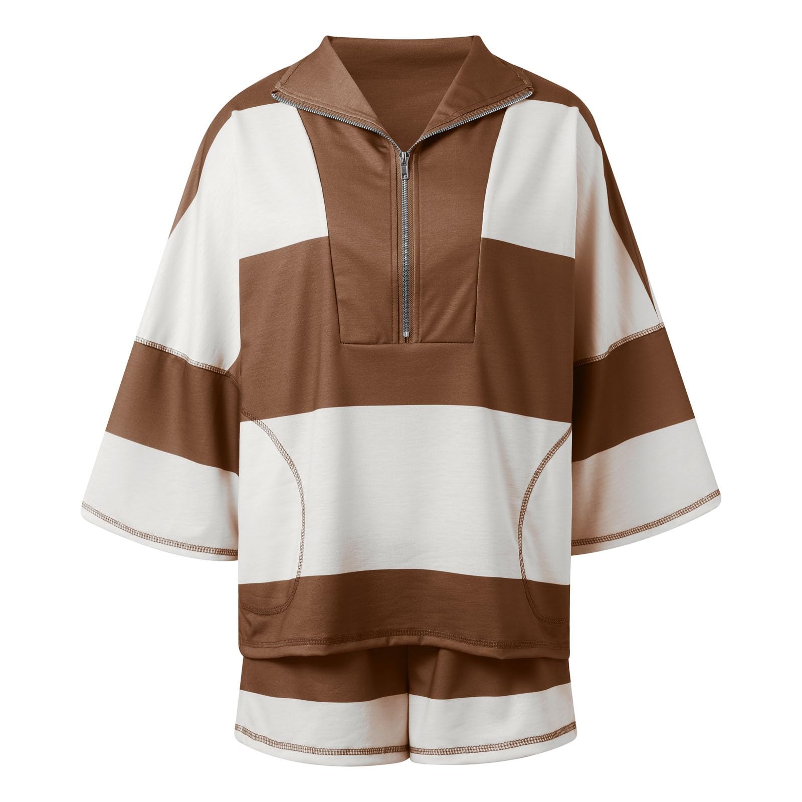 Generisch Survêtement d'été 2 pièces pour femme - Court - Couleur unie - Tenue de détente - Ensemble de vacances - Élégant et décontracté - Survêtement léger à manches courtes et short avec poches