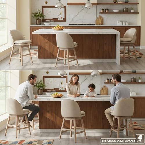 Miniatura 4 de LukeAlon Juego de 2 taburetes de bar de altura de mostrador, sillas de bar giratorias de mediados de siglo con respaldo y patas de madera de haya,