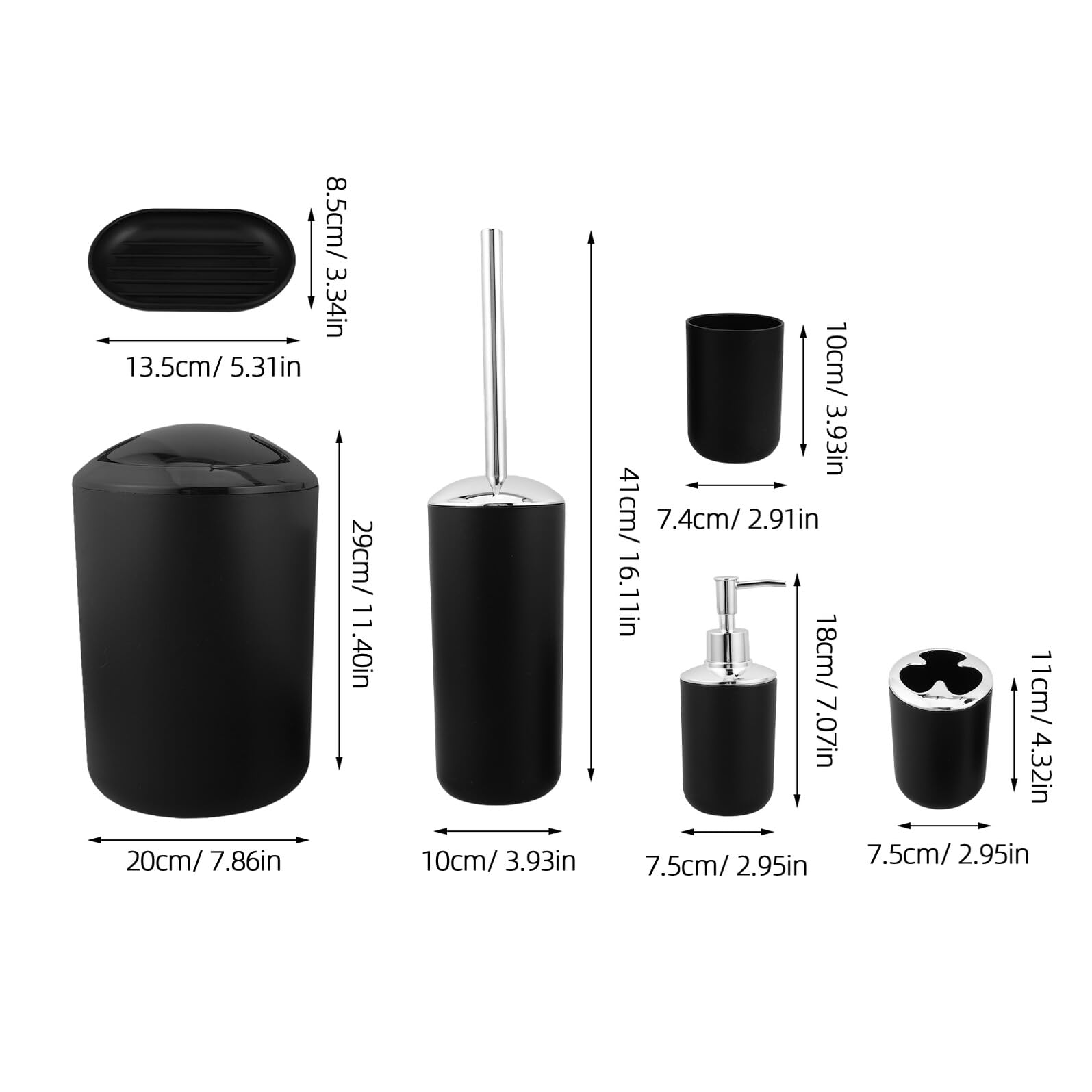 Set de Accesorios de Baño Negro de Plástico con Dispensador de Jabón, Porta Cepillos, Jabonera, Escobilla y Cubo de Basura para Organizar el Baño