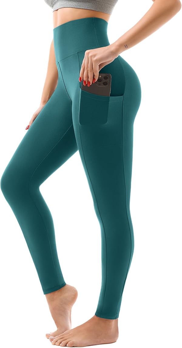 SINOPHANT High Waisted Leggings with Pockets Women, Full Length Capri Buttery Soft Stretchy Yoga Pants(Full Teal,S-M)