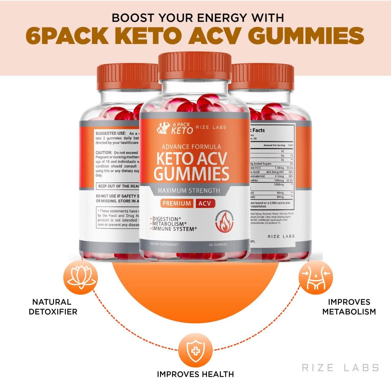 rize labs - 6 Pack Keto Advanced Formula ACV Gummies (Pack of 5) (300 Gummies)