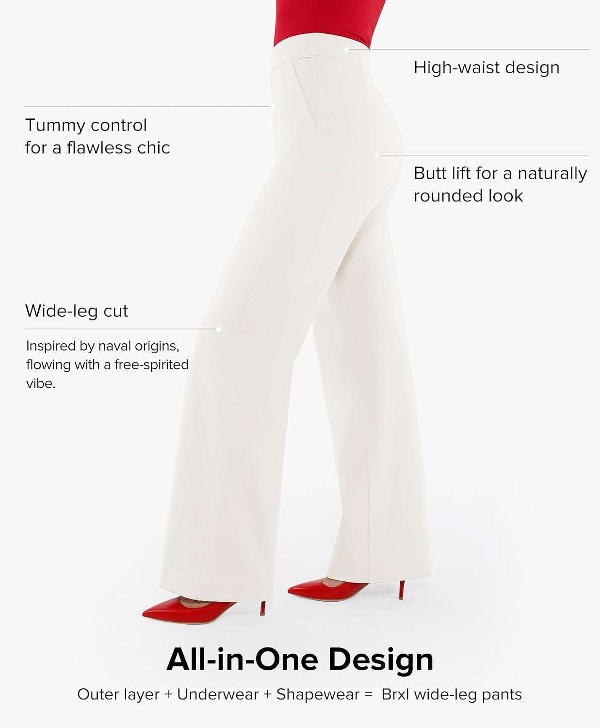 BRXL 29" Petite Dress Pants for Women 2 in 1 Tummy Control Work Wide Leg Winkle Free with Pockets Business Casual White XL