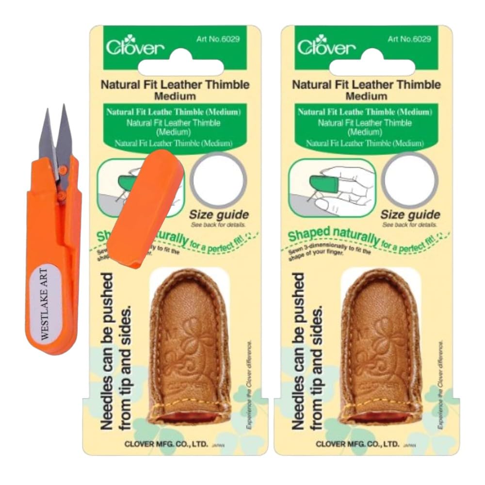 Clover Natural Fit Leather Thimble, 0.32 Oz, Ergonomic 3D Design, Crafting Tool, Bundle With Embroidery Scissors, Enhanced Needle Control For Tailoring & Quilting [Pack Of 2]