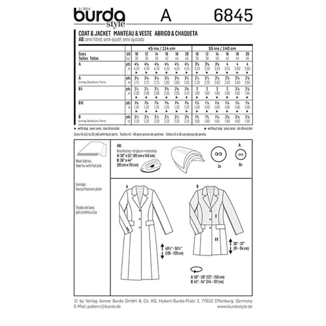Burda Style Sewing Pattern B6845 Misses' Coat and Jacket