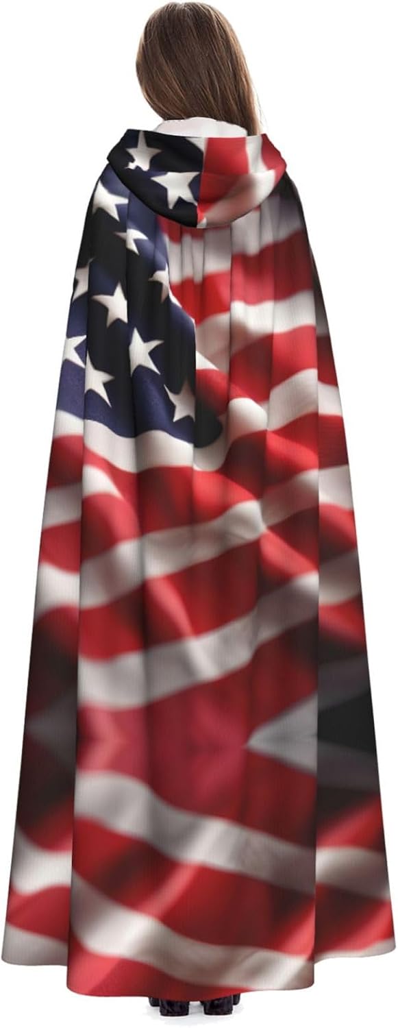 American Flag print Hooded Robe Cloak Long Cape Cosplay Costume Halloween Witch Cosplay Robe for Men Women
