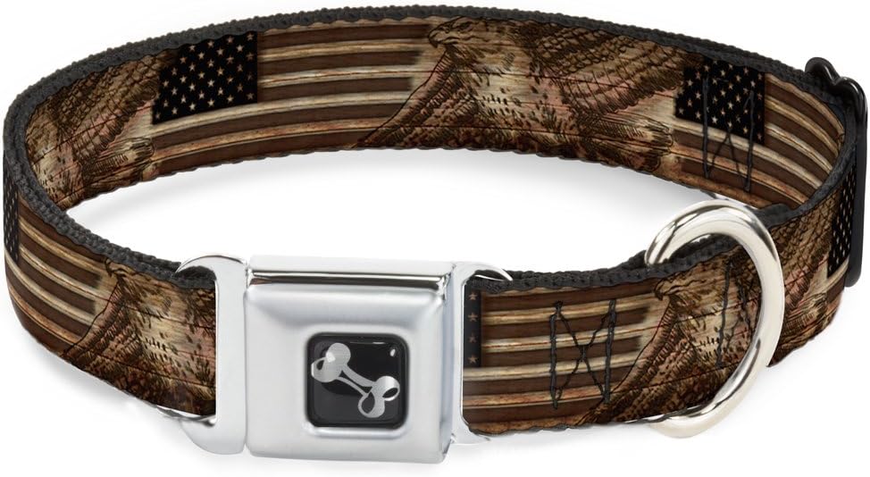 Dog Collar Seatbelt Buckle Americana Eagle Flag Rustic Wood Grain 18 to 32 Inches 1.5 Inch Wide