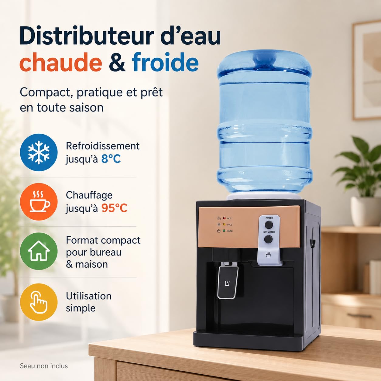 Distributeur d'eau électrique 550 W, source d'eau chaude et froide, pour bureau, maison, machine à eau avec bac de collecte d'eau amovible, pour seaux de 3,5 L, 5 L, 10 L, 18,9 L, pour