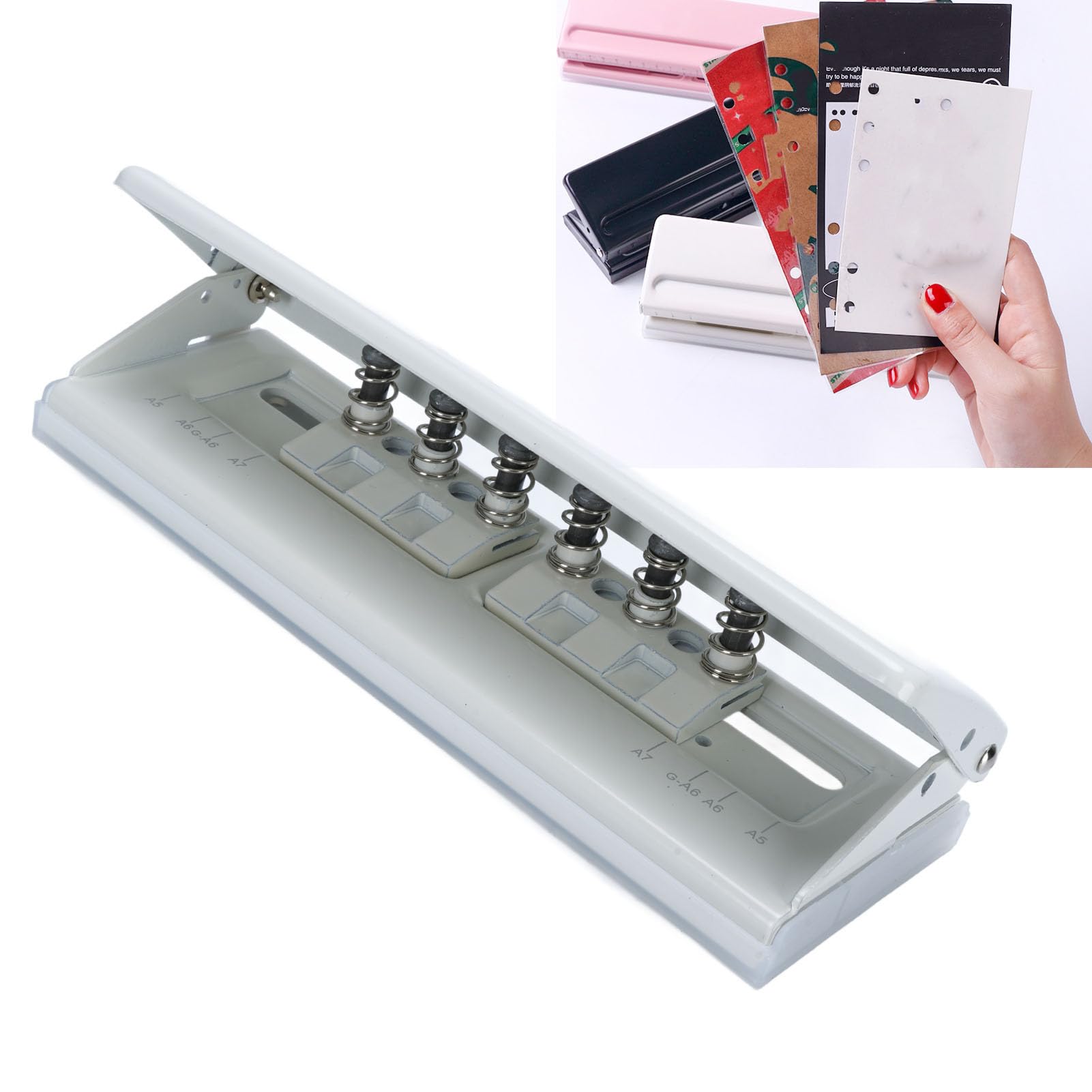 Perforatore per carta a 6 fori, con profondità di perforazione regolabile di 7 mm e limitatori di posizionamento, capacità di 6 fogli perforatrice regolabile per rapporti, materiali di studio