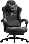 Dowinx Chaise de jeu avec support de lombaire de massage chauffé, chaise de bureau en tissu respirant avec coussin de ressort de poche et repose-pieds, inclinateur High Back PC Chaise pour Adulte, Tissu, Gris