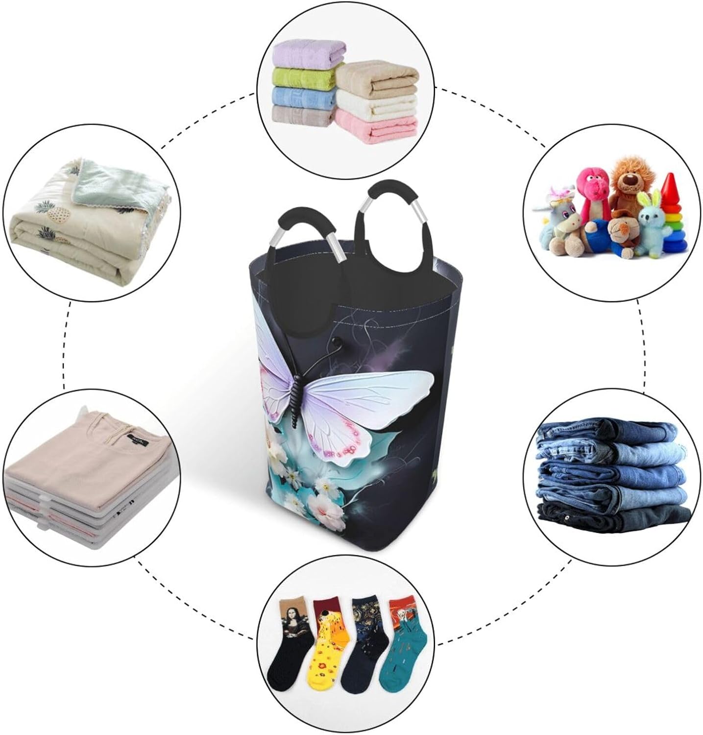 White Butterfly Foldable Square Storage Bag, 50L Dirty Clothes Laundry Basket, Suitable for Laundry Room, Dormitory, Bedroom