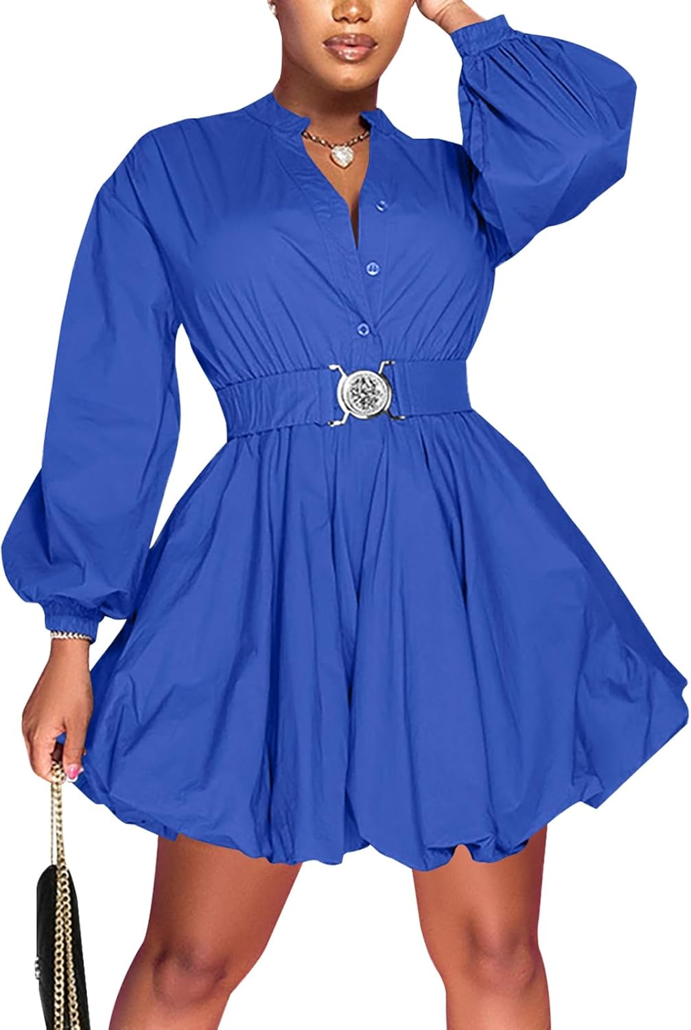 Uni Clau Womens Button Down Shirt Dress Long Sleeve A-Line Casual Puffy Short Mini Dress with Belt
