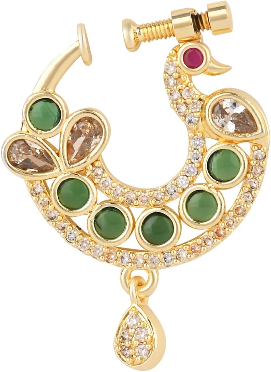 I Jewels Traditional Peacock Design CZ American Diamond Non-Piercing Screw Press Nose Pin/Nath Clip on For Women