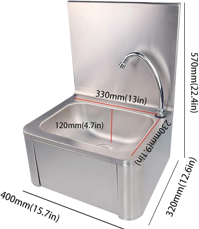 Hand Wash Sink with Splash guard,Stainless Steel Hand Sink Commercial Knee Operated Kitchen Basin Hand Free Catering with Faucet,Wall Mount Hand Washing Basin for Kitchen,Restaurant and Home