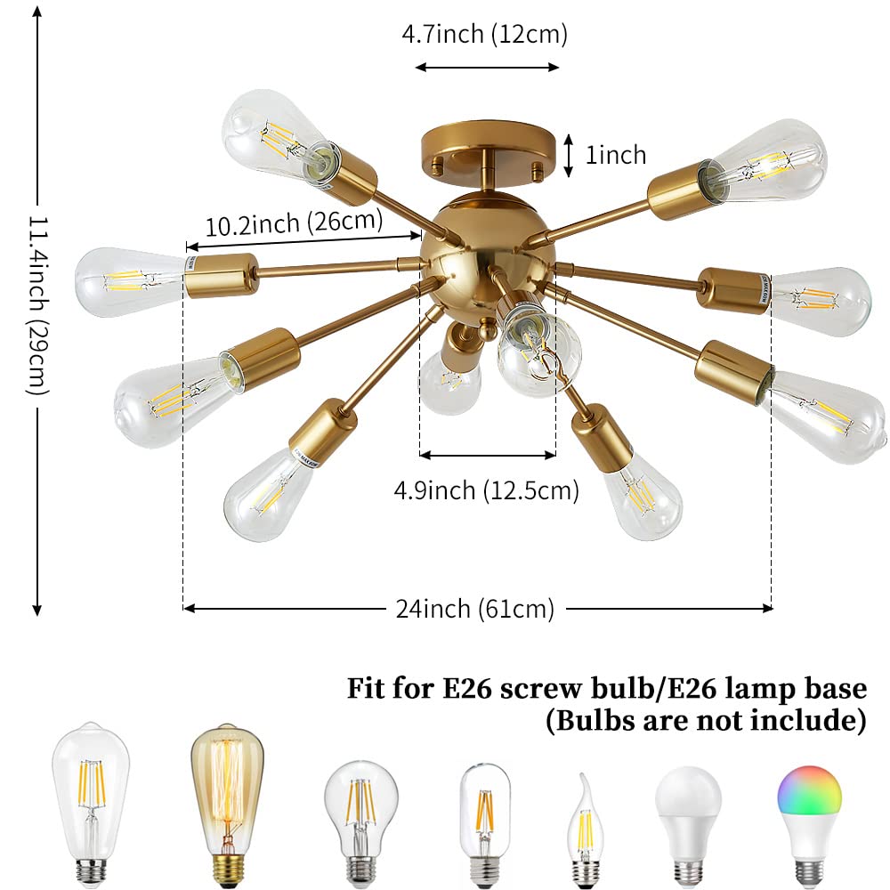 Deyidn 10-Light Gold Sputnik Chandeliers Modern Semi Flush Mount Ceiling Light Mid Century Brushed Brass Lighting Fixture for Dining Room Living Room Bedroom Kids Room Kitchen Farmhouse Bar (Gold)