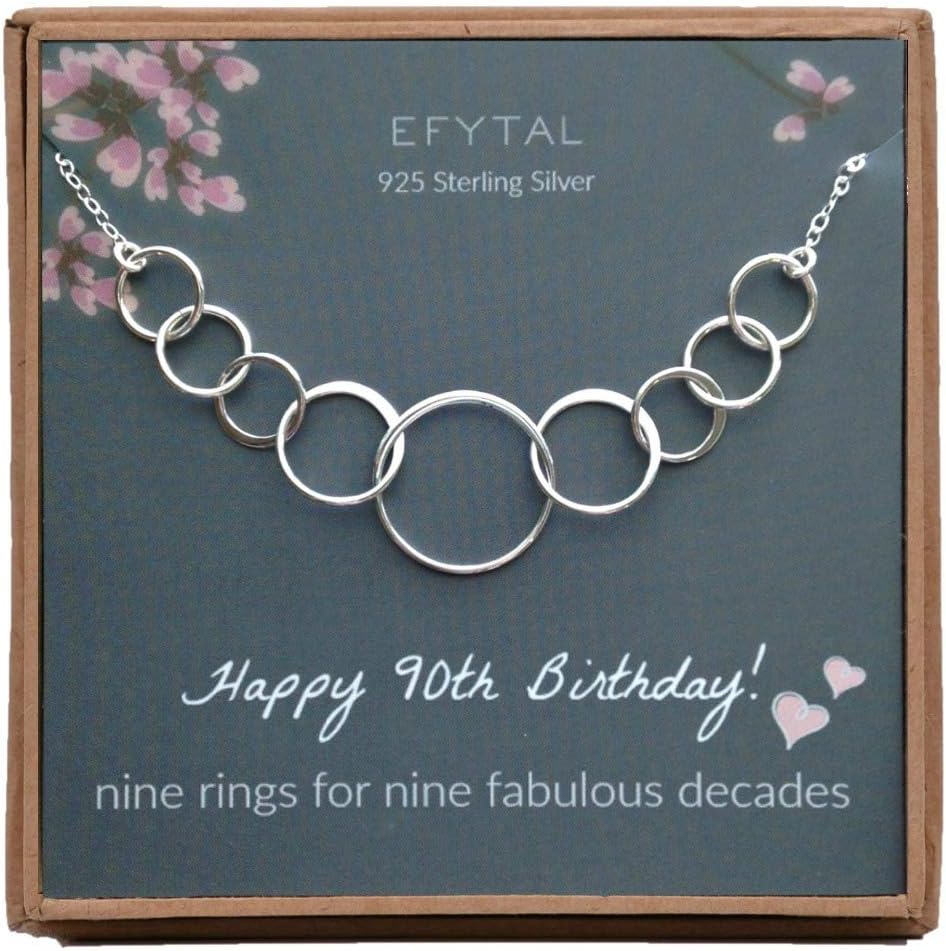 90th Birthday Gifts for Women, Sterling Silver Nine Circle Necklace for Her, 9 Decade Jewelry 90 Years Old