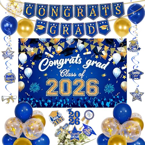 Blue and Gold Graduation Decorations 2026 with Congrats Grad Banner Graduation Cake Topper Backdrop Hanging Swirls Balloons for Class of 2026