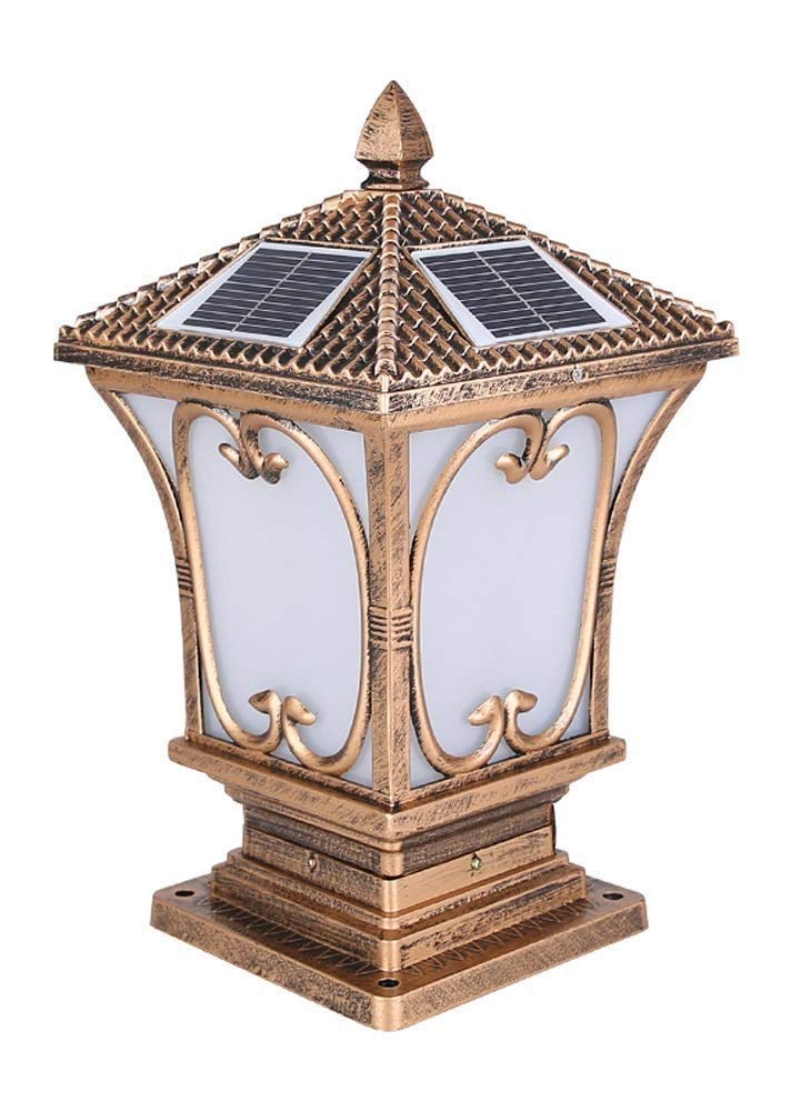 Lampadaire LED vintage 3 W étanche IP54 tricolore lumière extérieure LED solaire colonne lampe en verre moulé sous pression abat-jour carré portail pilier lumière balcon pelouse jardin