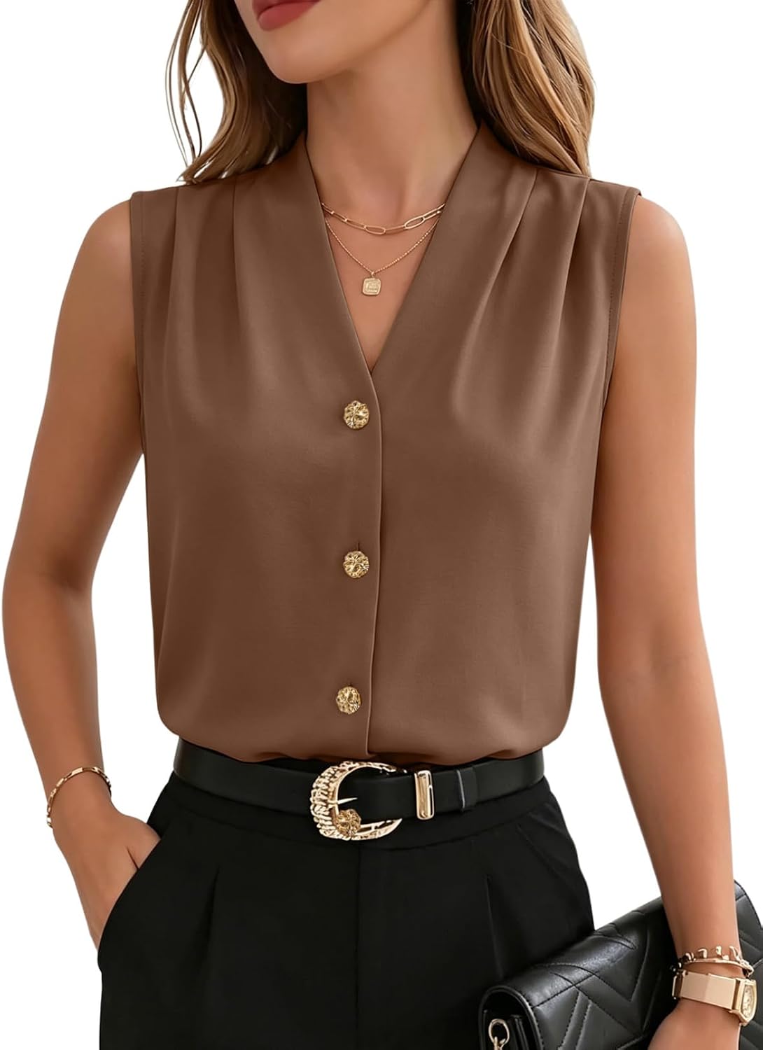 EVALESS Business Casual Tops for Women Button Down Work Sleeveless Blouses