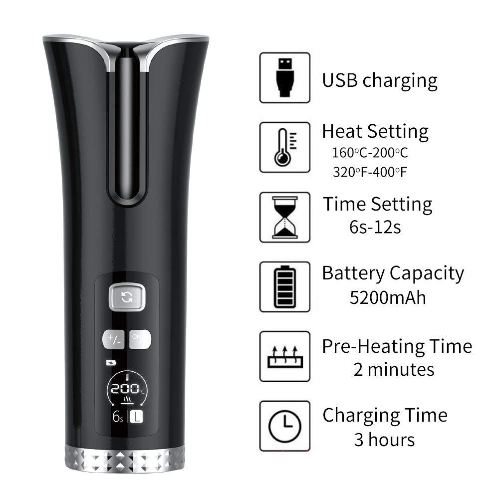 Automatyczna lokówka do włosów ceramiczna przenośna bezprzewodowa lokówka do włosów z wyświetlaczem temperatury LCD i timerem, lokówka podróżna do ładowania USB
