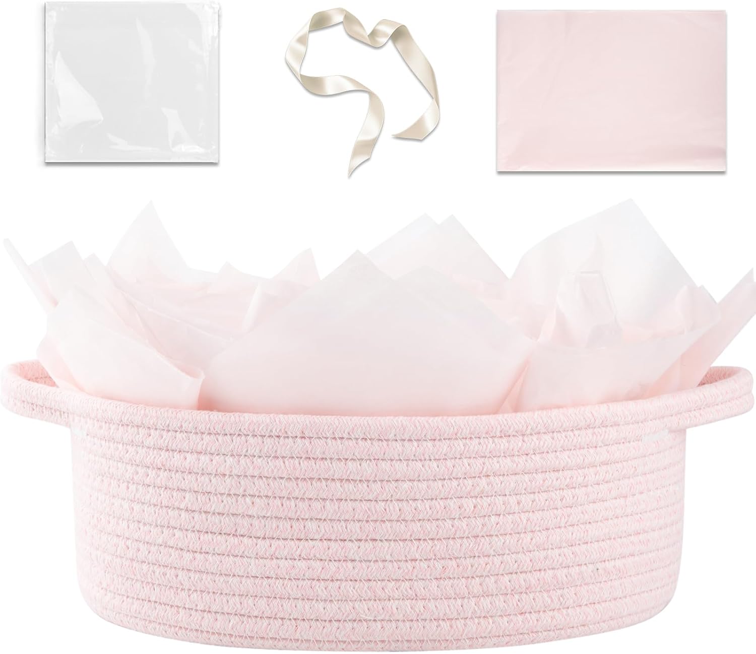 OIAHOMY Gift Basket with Handle, Small Woven Basket with Gift Bag, Ribbon and Wrap Tissue Paper, Nursery Bins Empty to Fill with Small Items, Baby, Pet Toy Organizer - Pink