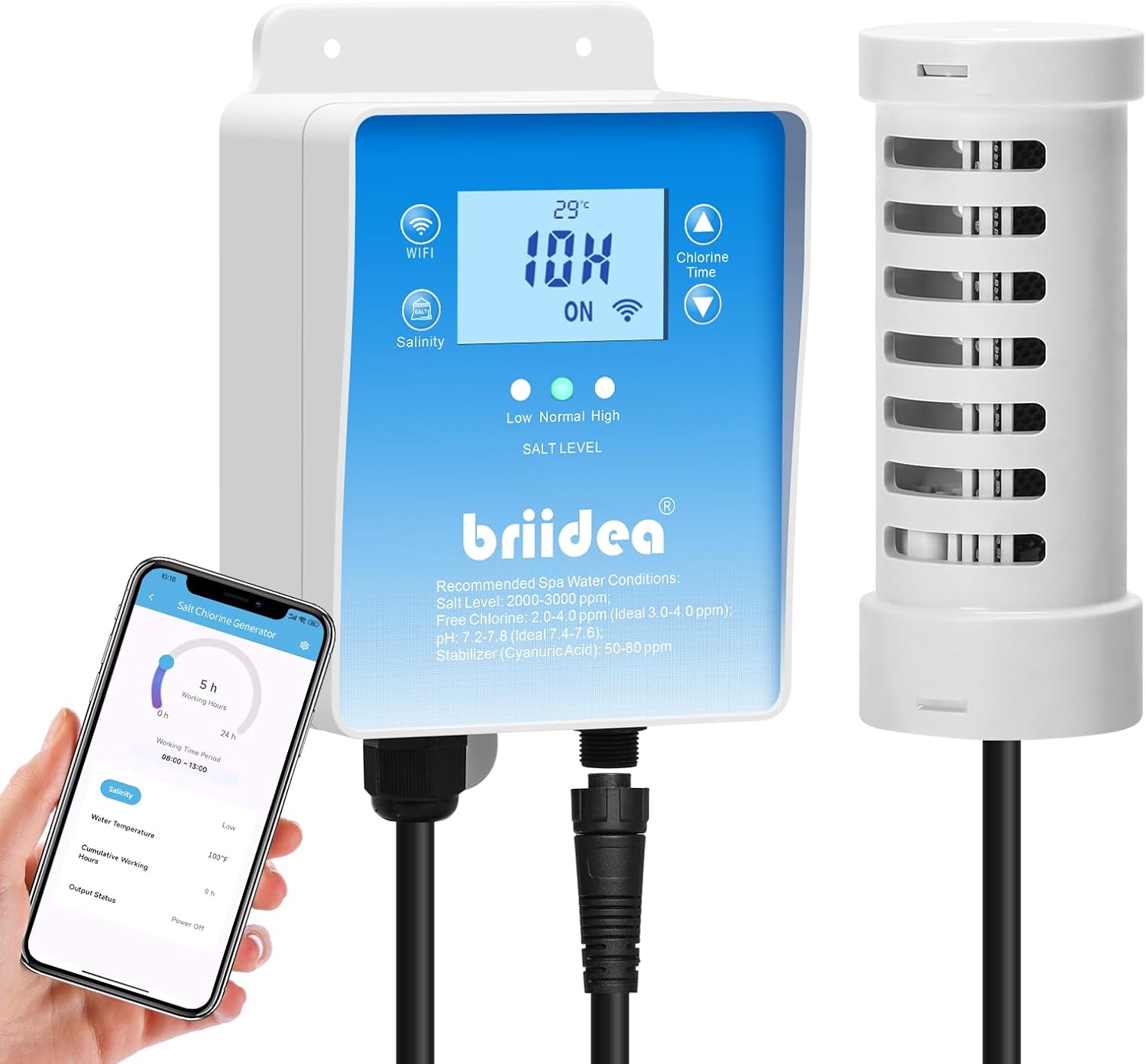 WiFi Salt Chlorine Generator, Briidea Chlorine Generator with USA Titanium Salt Cell, APP Monitoring & Real-Time Salt Alerts, for Swim Spas Up to 2,000 Gallons