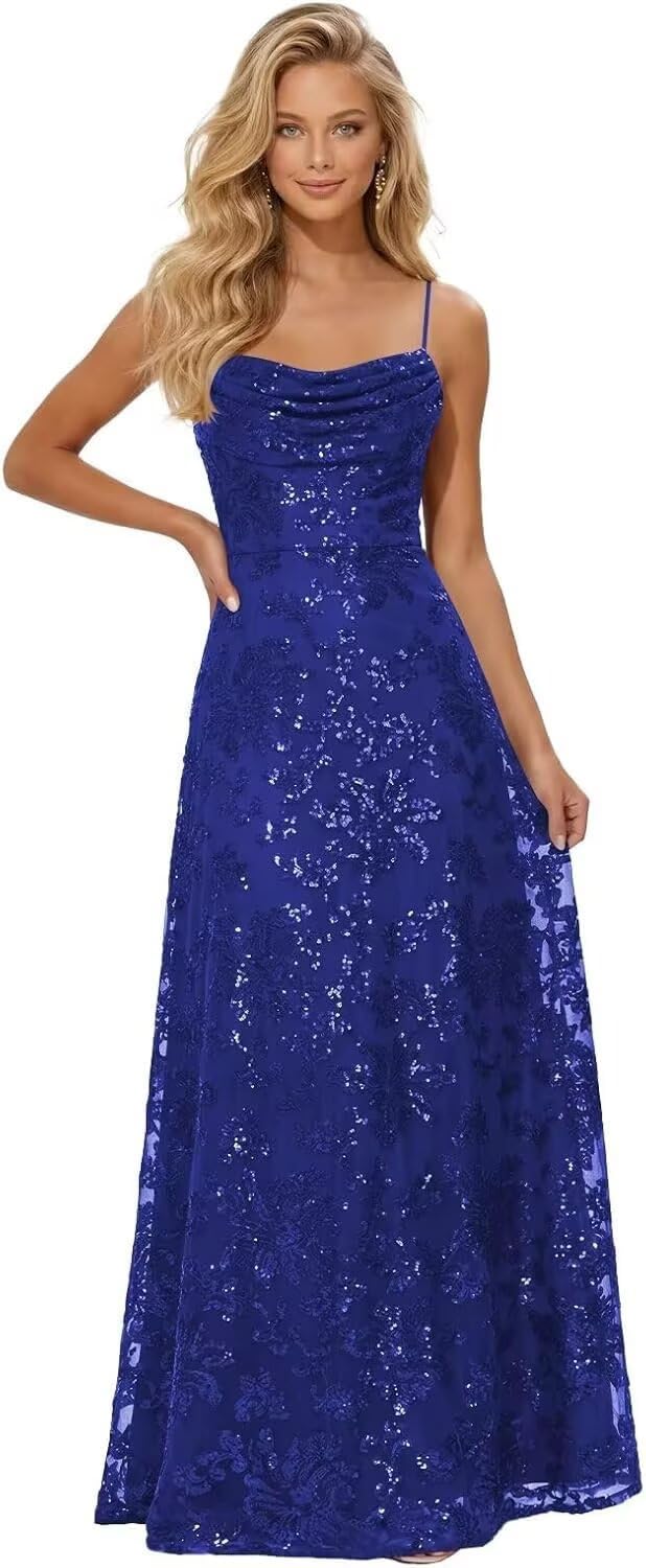 Sparkly Sequin Prom Dress for Women Long Cowl Neck Pleated A-Line Formal Evening Ball Gown