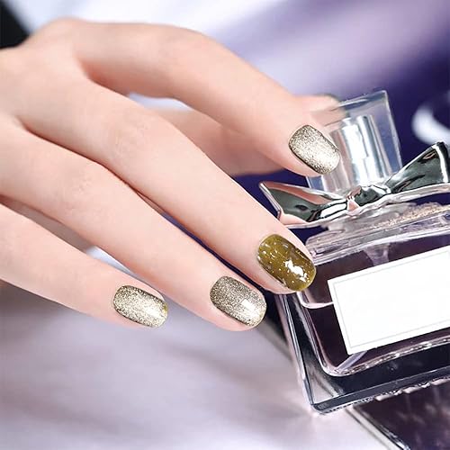 Uñas postizas verdes a presión cortas color verde plateado con efecto de ojo de gato uñas adhesivas de gel reutilizables y brillantes juego de 24