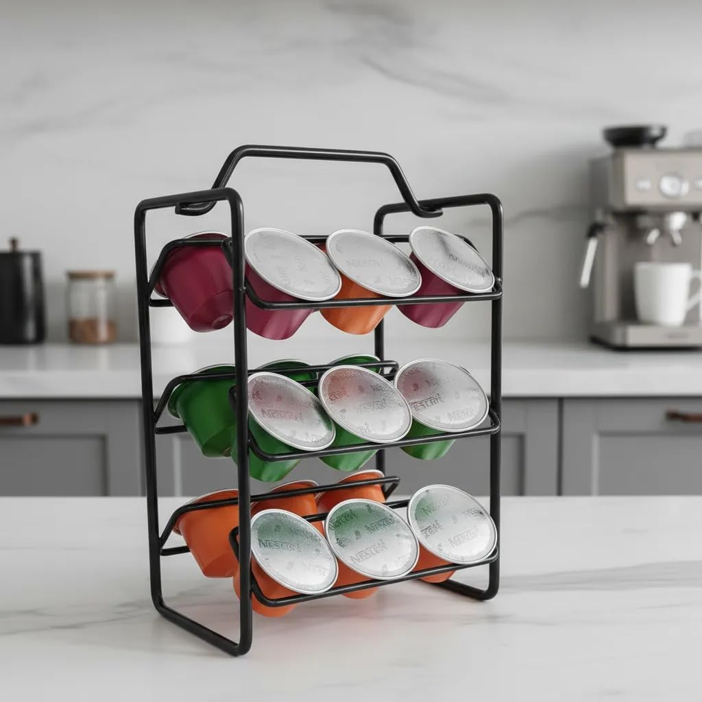 Coffee Pod Holder – Compatible with Nespresso®* – 18 Capsule Stand Organizer – bLACK Metal Countertop Rack