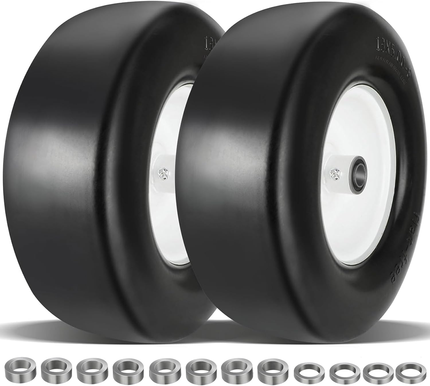 Photo 1 of  2 Pcs Upgrade 13x5.00-6 Flat Free Lawn Mower Tire and Wheel with 3/4" Chrome Steel Bearings, Zero Turn Mower Front Solid Tire Assembly for Commercial Grade Lawn, Garden Turf, 4.2"-5.2" Centered Hub 