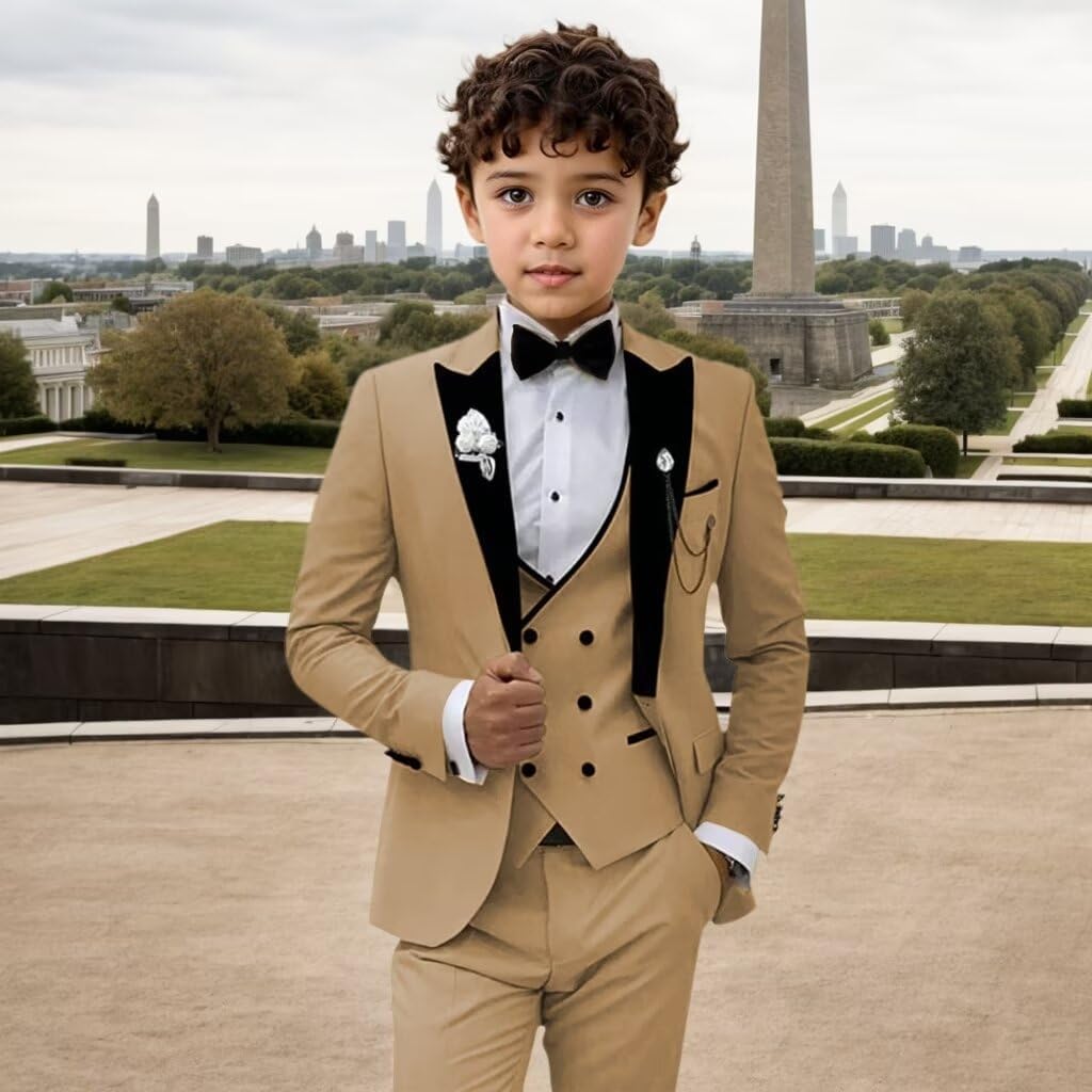 Boy Suit 3 Piece Kids Formal Tuxedo Suits Peak Lapel Wedding Prom Dress Clothes Jacket Vest Pants
