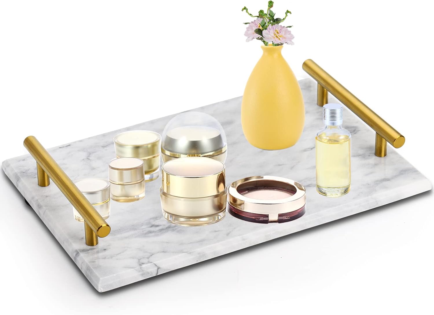 DEAYOU Decorative Tray with Gold Handles, Natural Marble Stone Tray, 12" Nightstand Serving Tray with Metal Handle, Perfume Tray Pastry Food Board for Bathroom, Vanity, Coffee Table, Desk, White