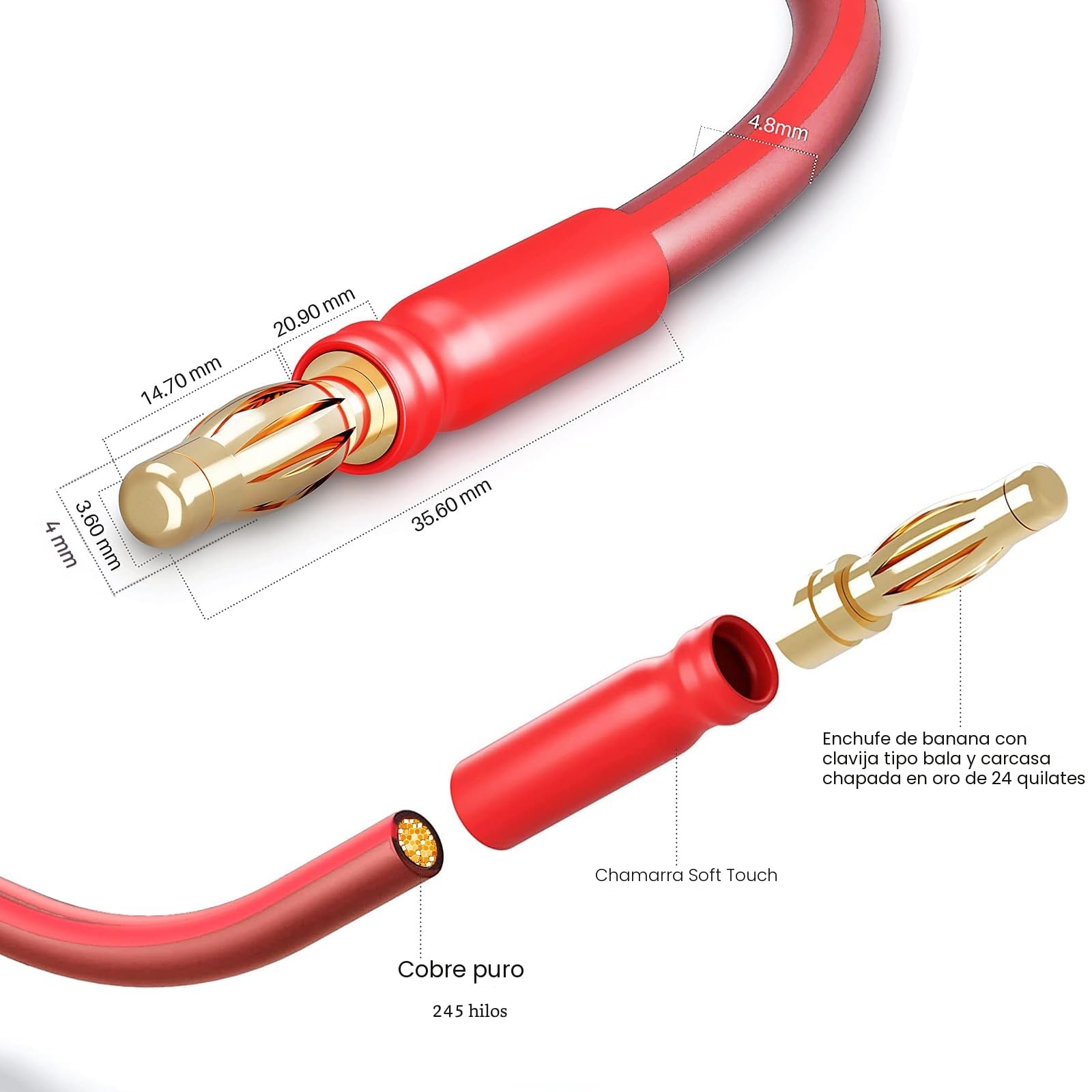 LONPOO Cable para Altavoces HiFi de pared de Cobre Puro con Conectores Banana Chapados en oro, 14 AWG, 2 m