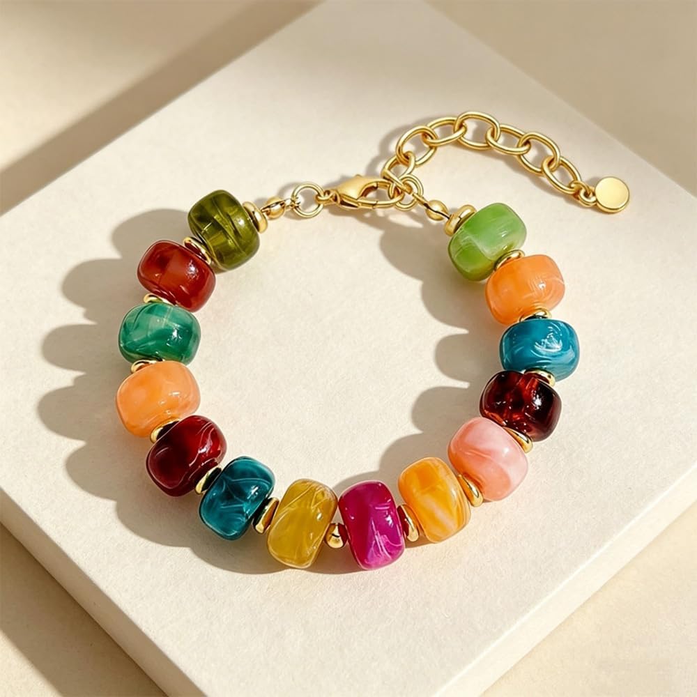 Beaded Chunky Resin Bracelet for Women, Acrylic Colorful Bracelet Set Trendy 2026 Summer Statement Jewelry Adjustable Gold Bangles for Women image 4