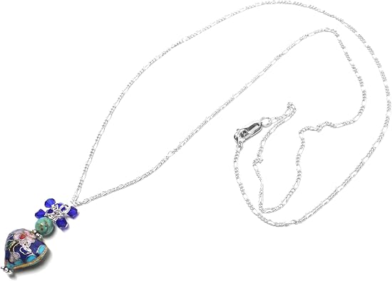 Royal Blue Cloisonne Enamel Heart Chain Necklace Crystal Cluster Drop Turquoise Gold-Filled or Sterling