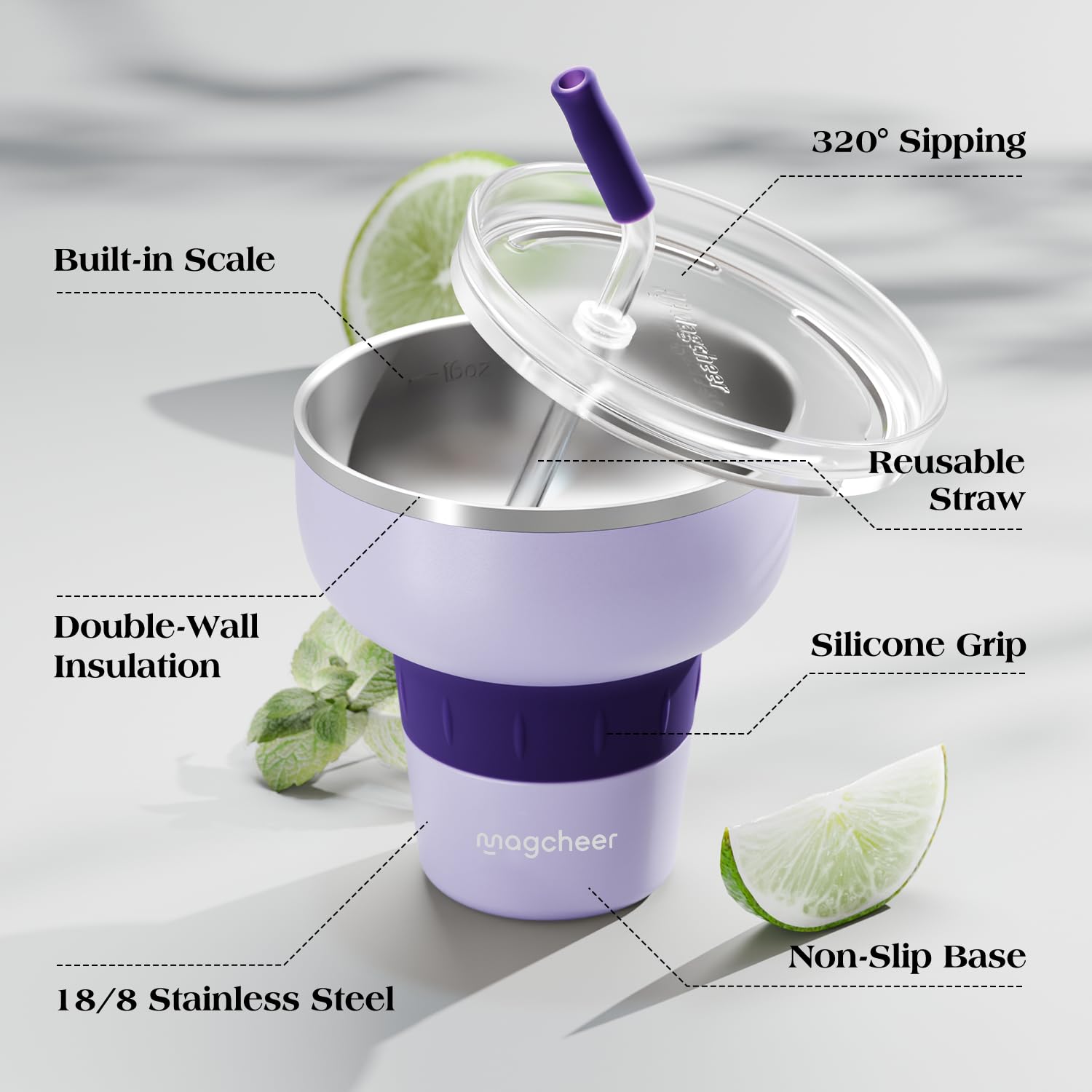 magcheer 473ml Verre Margarita Isotherme avec Couvercle 320° et Paille Tritan | Verre Inox a Cocktail | Gobelet Empilable | Cadeau Femmes et Hommes | Fêtes de Piscine et Voyages(Violet)