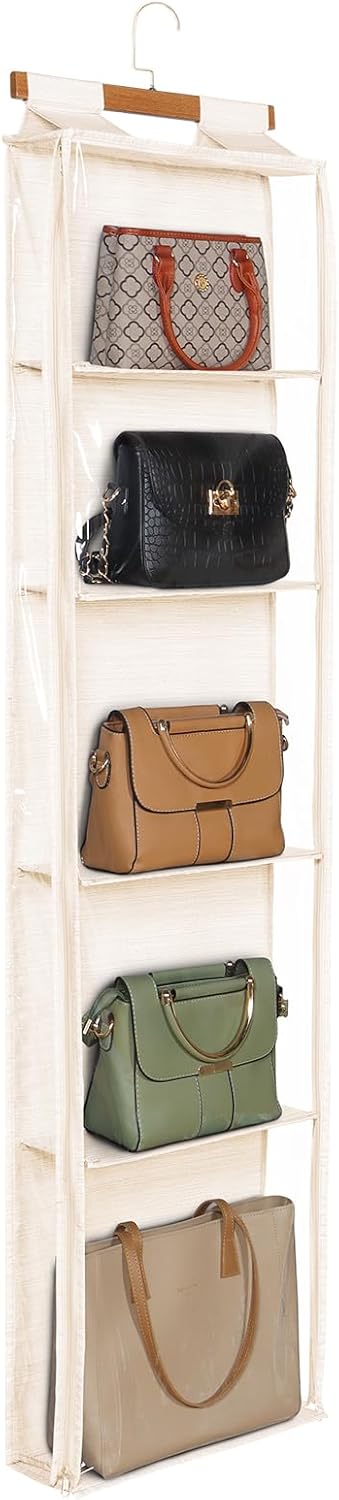 Syeeiex Hanging Handbag Purse Organizer with Zippers, 5 Mesh Shelves,Clear Slubbed Fabric+PVC Hanging Closet Bag Organizer, Dustproof Handbag Closet Tote Storage Bag for Door, Wardrobe, Beige