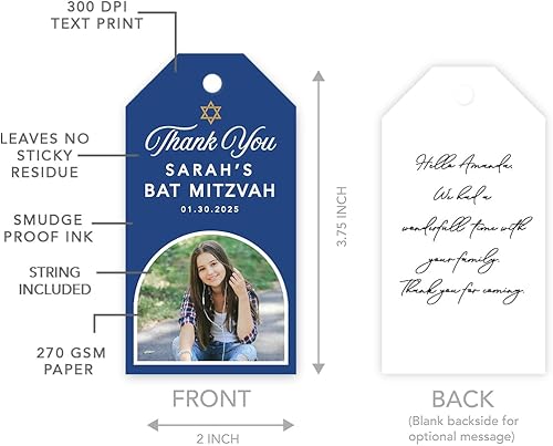 Miniatura 5 de Andaz Press Paquete de 60 etiquetas personalizadas para recuerdo de mitzvá de barramurciélago con cuerda, etiquetas clásicas de regalo de