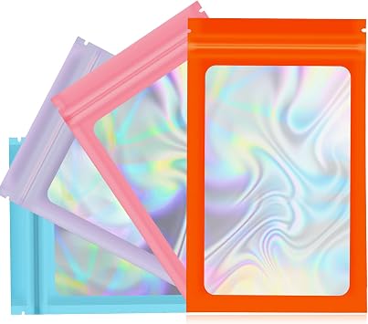 3"x4.72" Food Storage Bags 100 Packs Set of 4 Colors Resealable Mylar Bags for Packaging, Each Color 25pcs Slider Seal Technology Storage Bags Grip Food Containers Organization ,Holographic